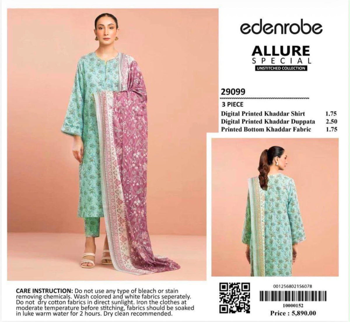 EDENROBE Allure Special 3-Piece Unstitched Suit Digital Printed Khaddar