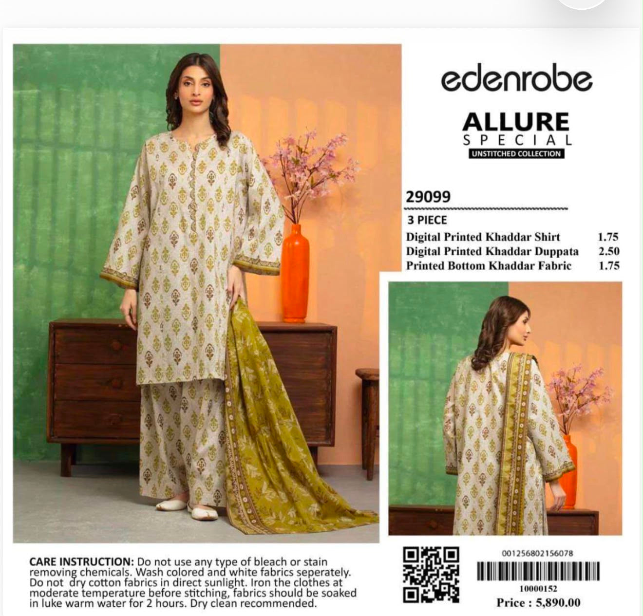 ELEGANT 3 PC EDENROBE KHADDAR UNSTITCH DRESS