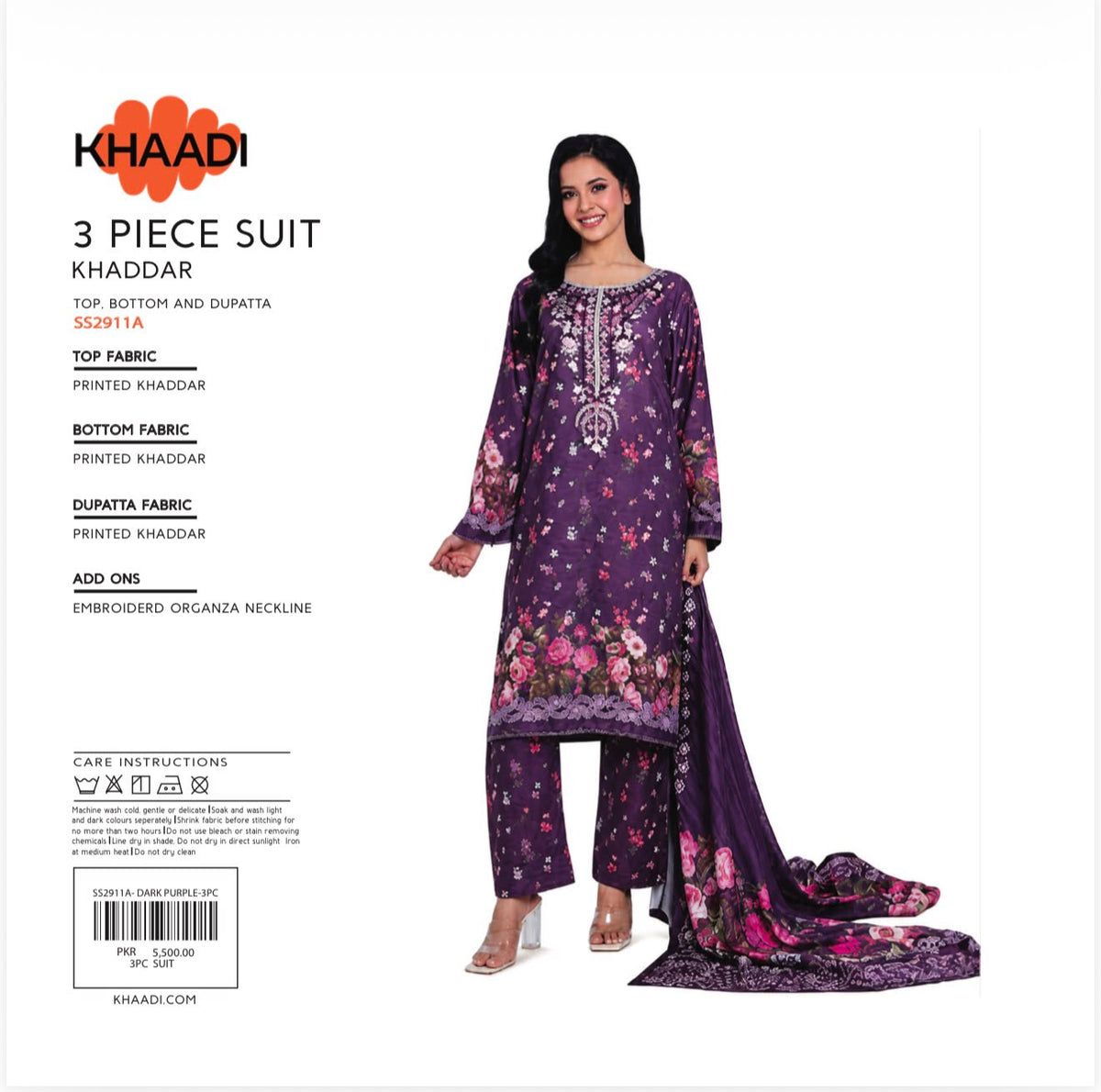 Khaadi 3 Piece Printed Khaddar Unstitched Suit with Embroidered Organza Neckline