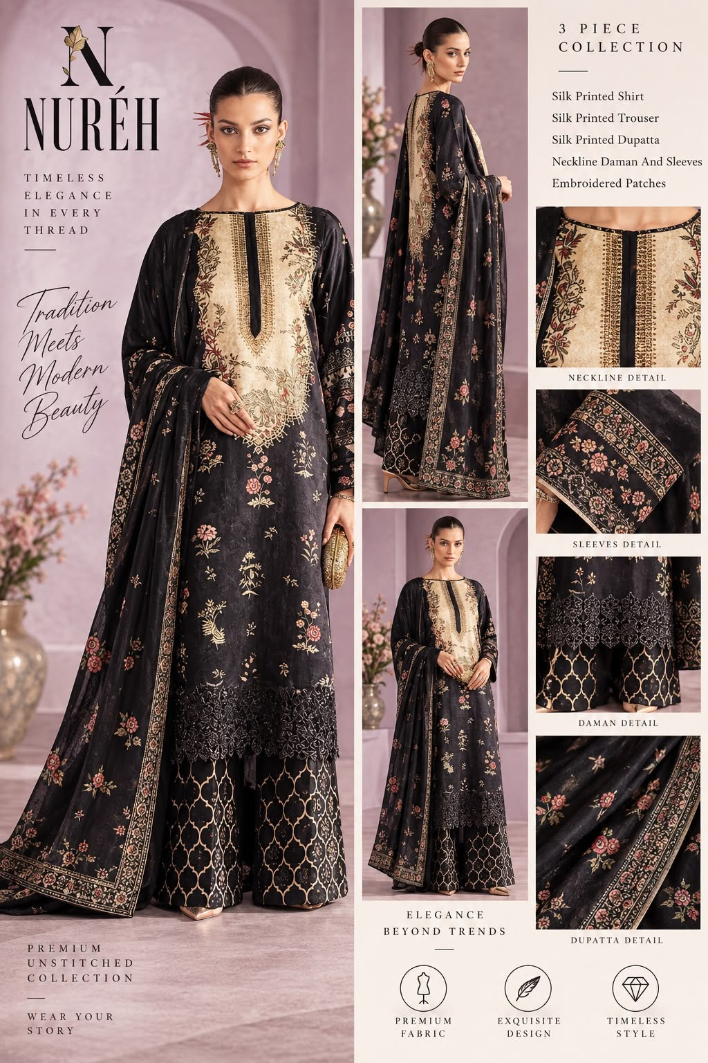 NUREH 3 Piece Silk Embroidered Unstitch Suit –NECKLINE DAMAN & SLEVES, EMBROIDERED PATCHES