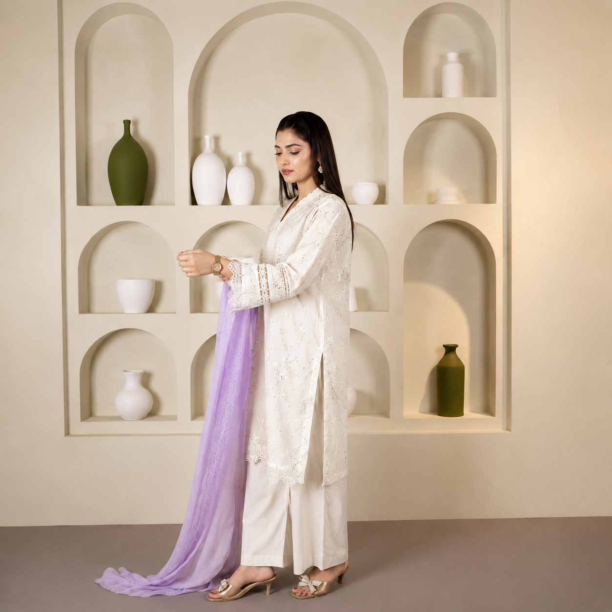 Elegant White Embroidered 3-Piece Suit with Lavender Chiffon Dupatta