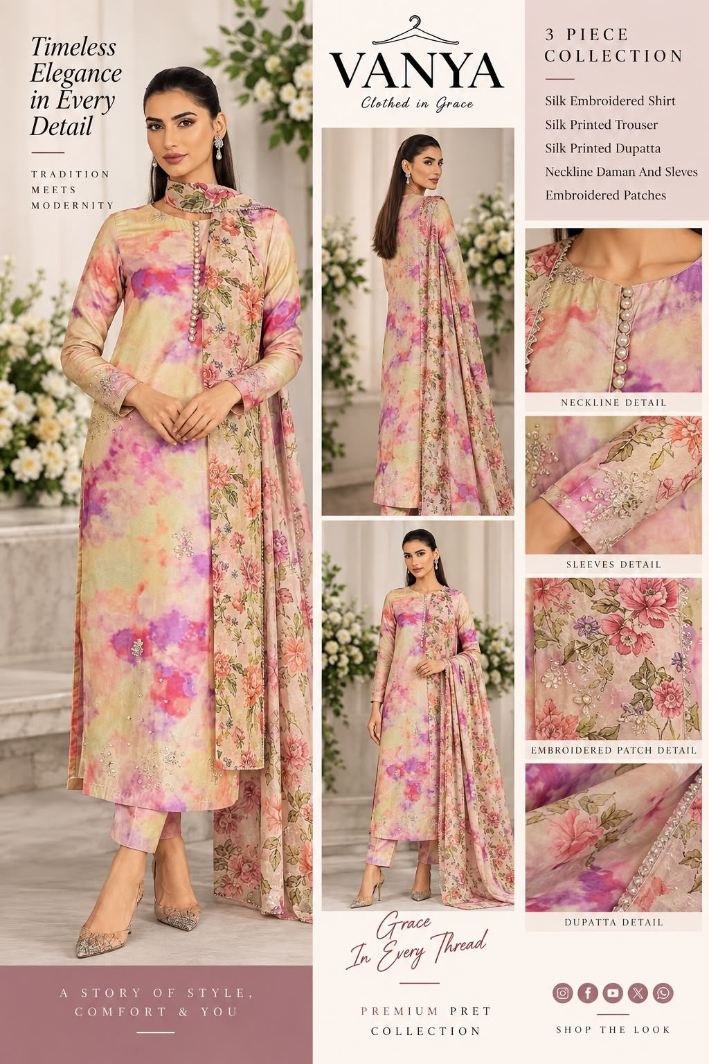 VANYA. 3 Piece Silk Embroidered Unstitch Suit –NECKLINE DAMAN & SLEVES, EMBROIDERED PATCHES