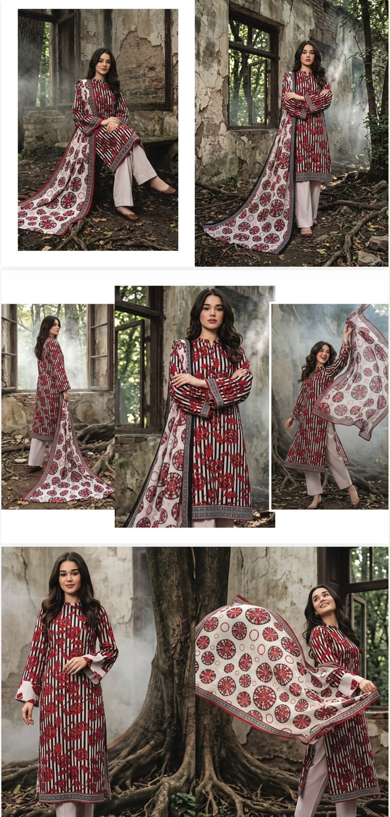 ZESH RUST RED & BLACK FLORAL STRIPED Printed Khaddar 3 Piece Unstitched Suit
