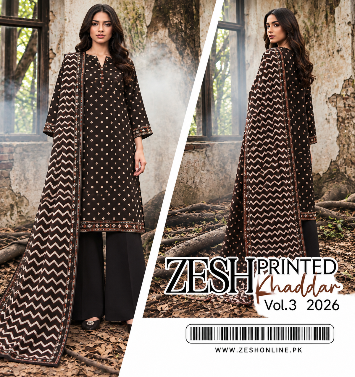 ZESH Deep Maroon Polka Dot Printed Khaddar 3 Piece Unstitched Suit