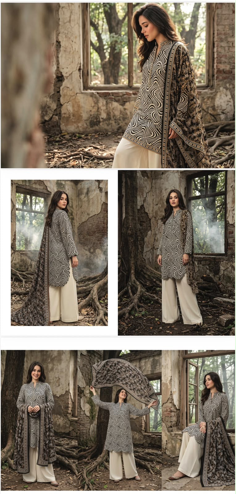 ZESH Black & Ivory Abstract Premium Printed Khaddar 3 Piece Unstitched Suit