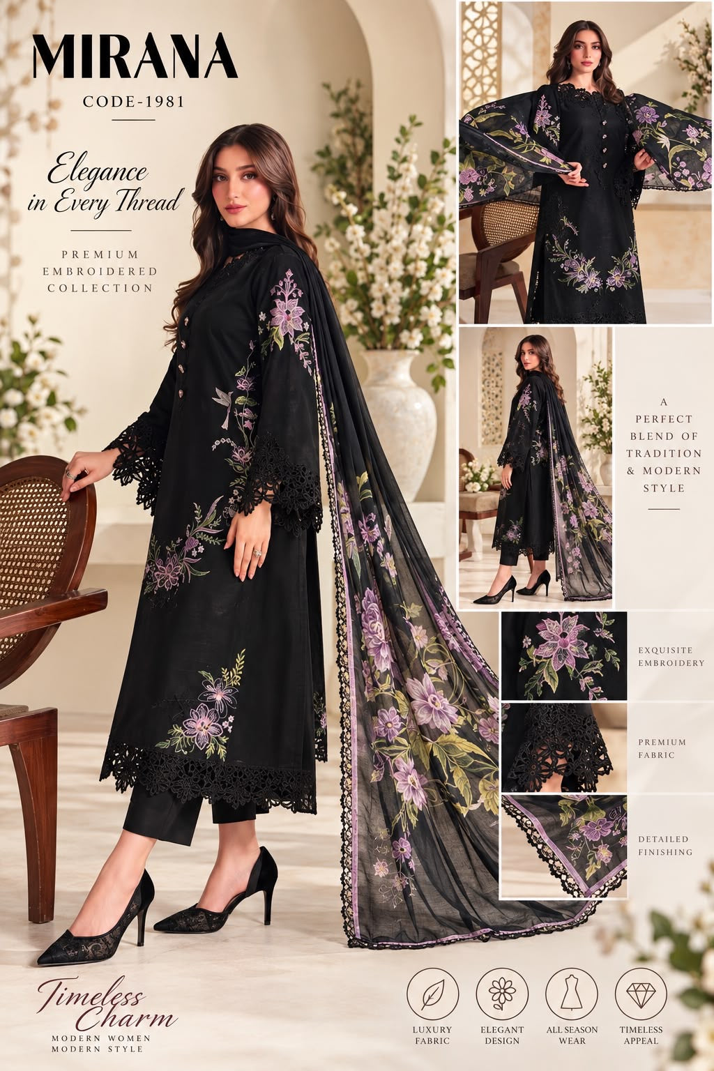 Premium Embroidered Patches 3 Piece Winter Suit with Shawl – New Arrival