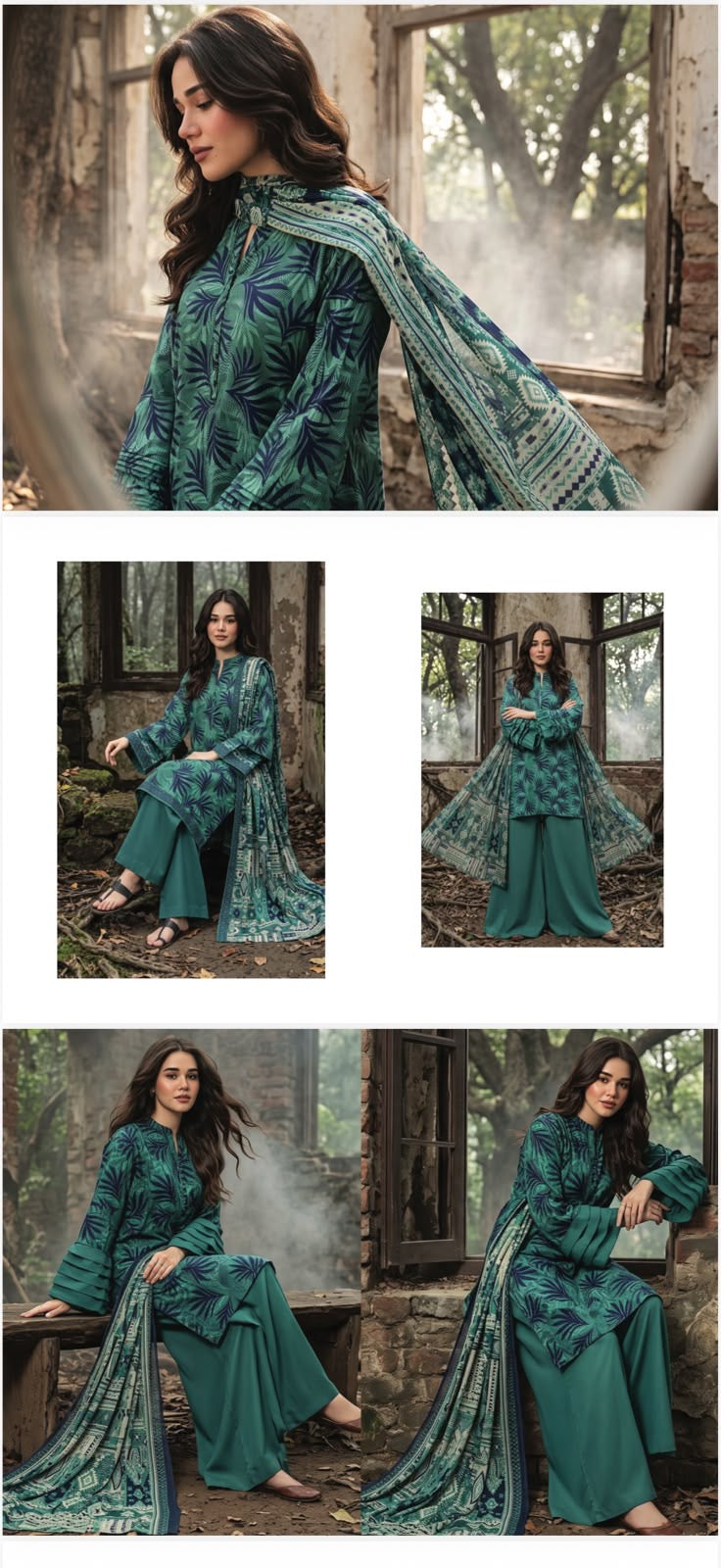 ZESH Teal Green Botanical Premium Printed Khaddar 3 Piece Unstitched Suit