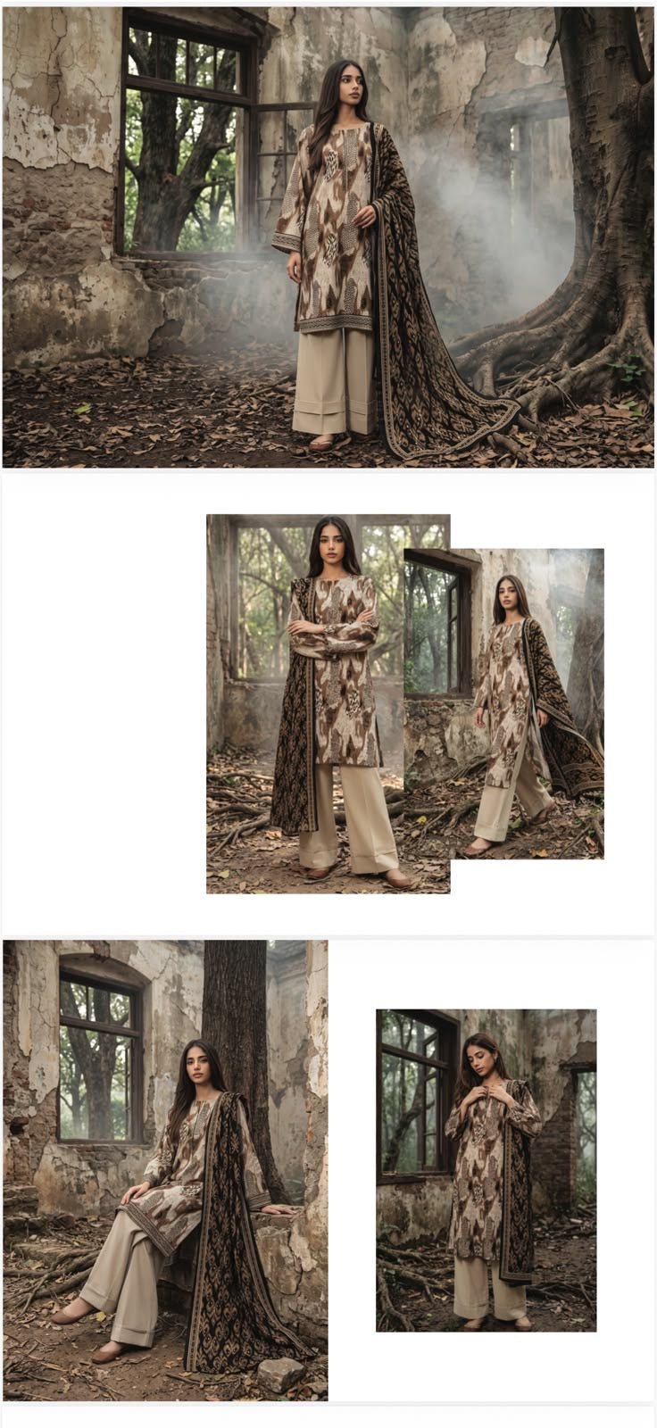 ZESH Beige & Brown Premium Printed Khaddar 3 Piece Unstitched Suit