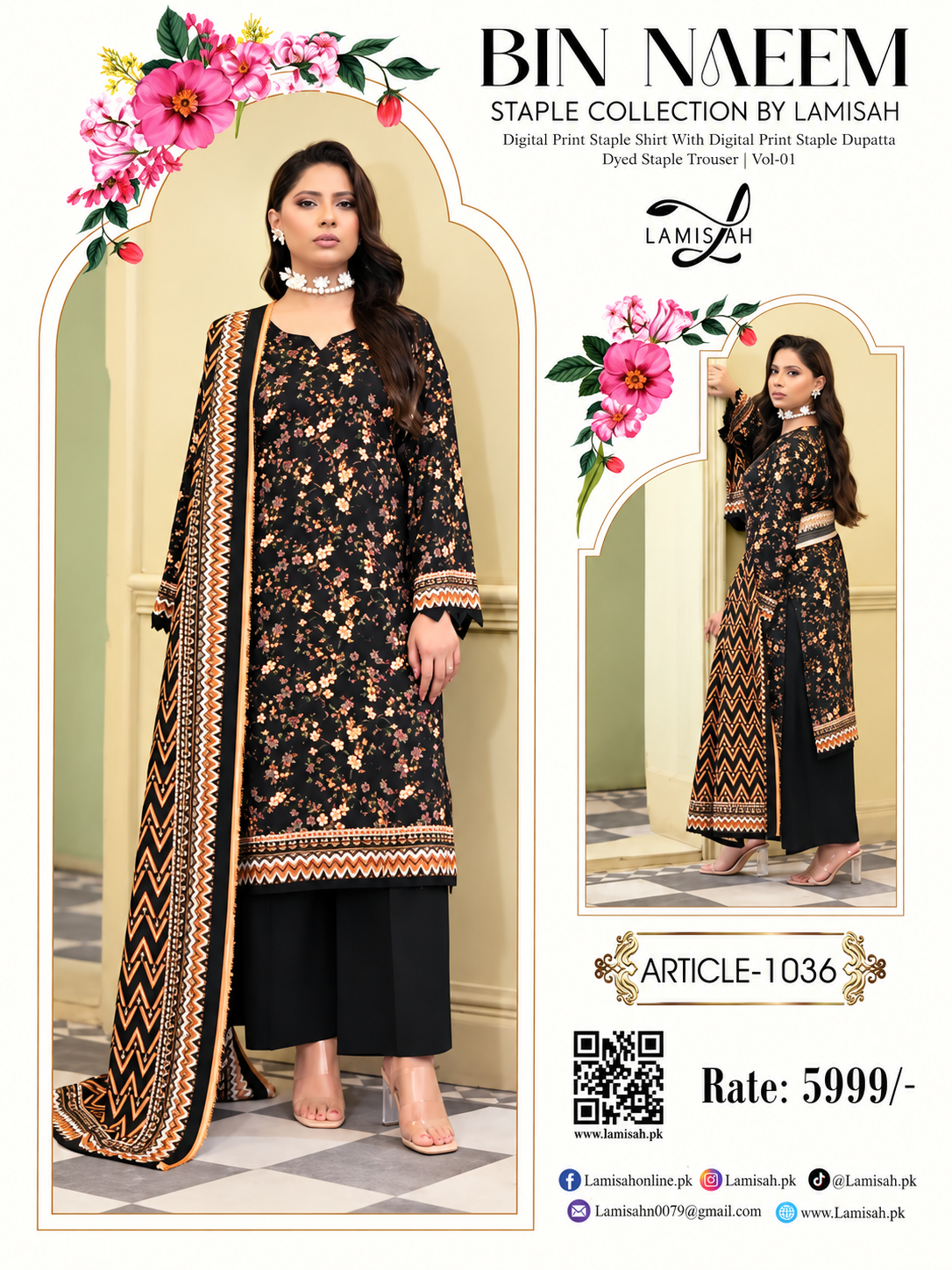 BIN NAEEM BY LAMISAH – Premium Linen 3 Piece Digital Printed Unstitched Suit | Article 1036