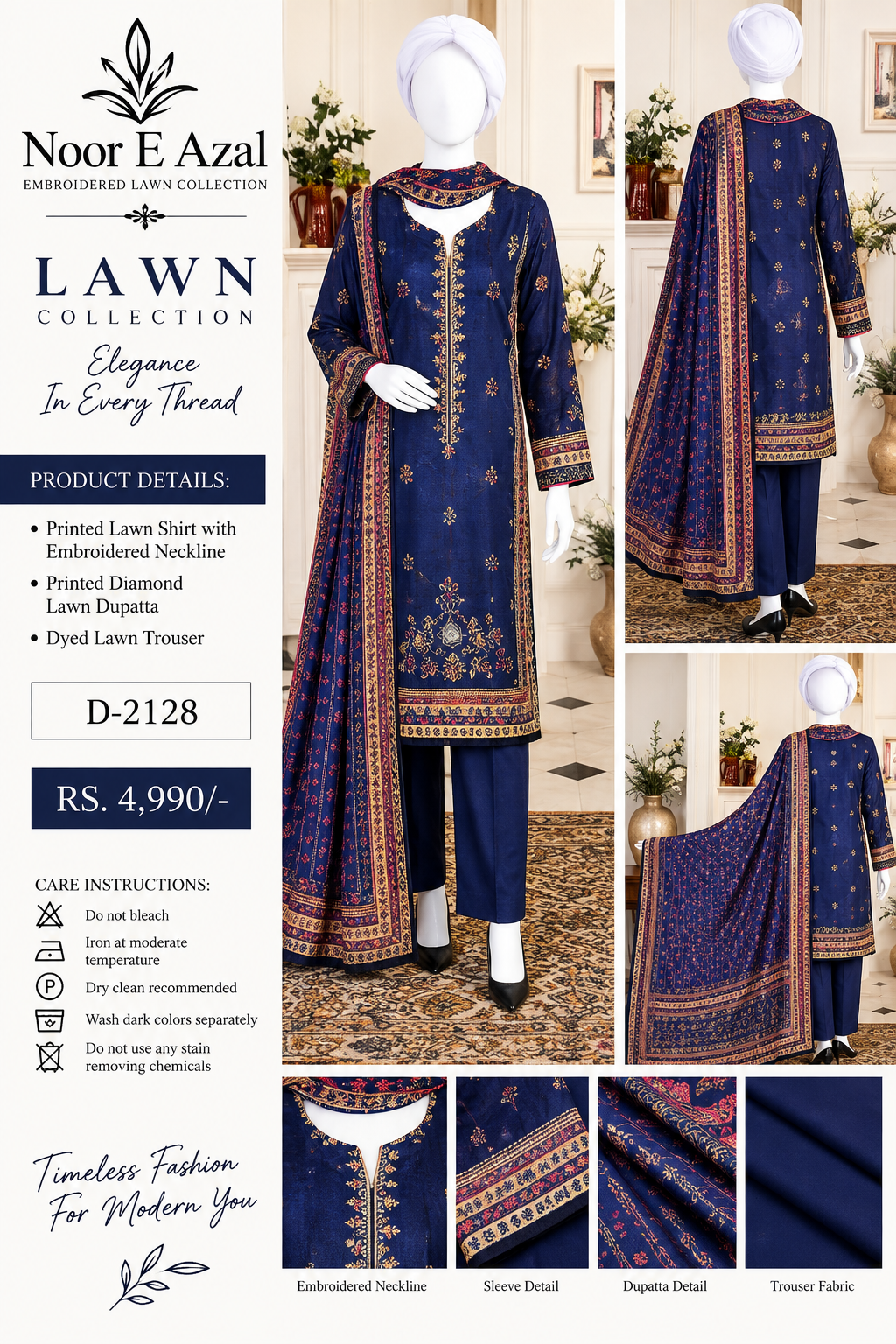 Noor E Azal D-2128 – Embroidered Unstitched 3 Piece Lawn Suit