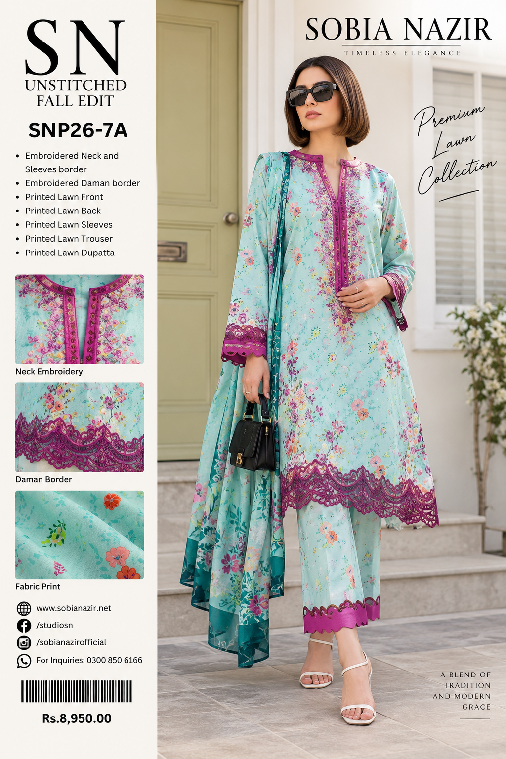 Sobia Nazir SNP26-7A – Unstitched Embroidered 3 Piece Premium Printed Lawn with embroidered patches