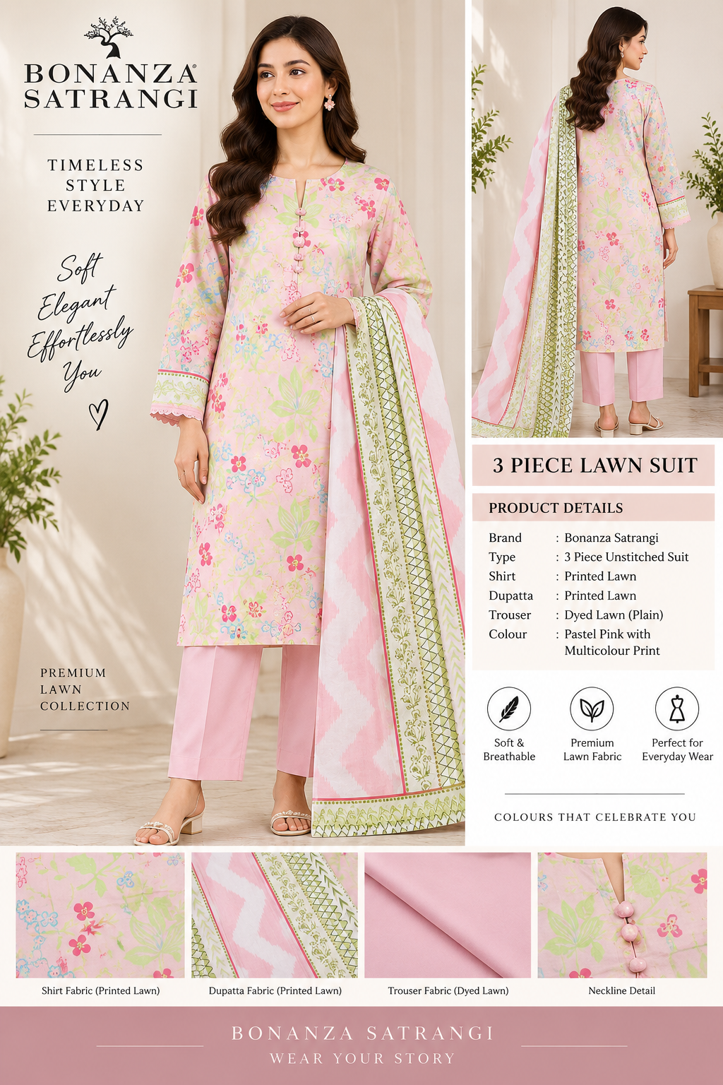 Bonanza Satrangi 3 Piece Printed Lawn Suit – Pastel Pink Flora