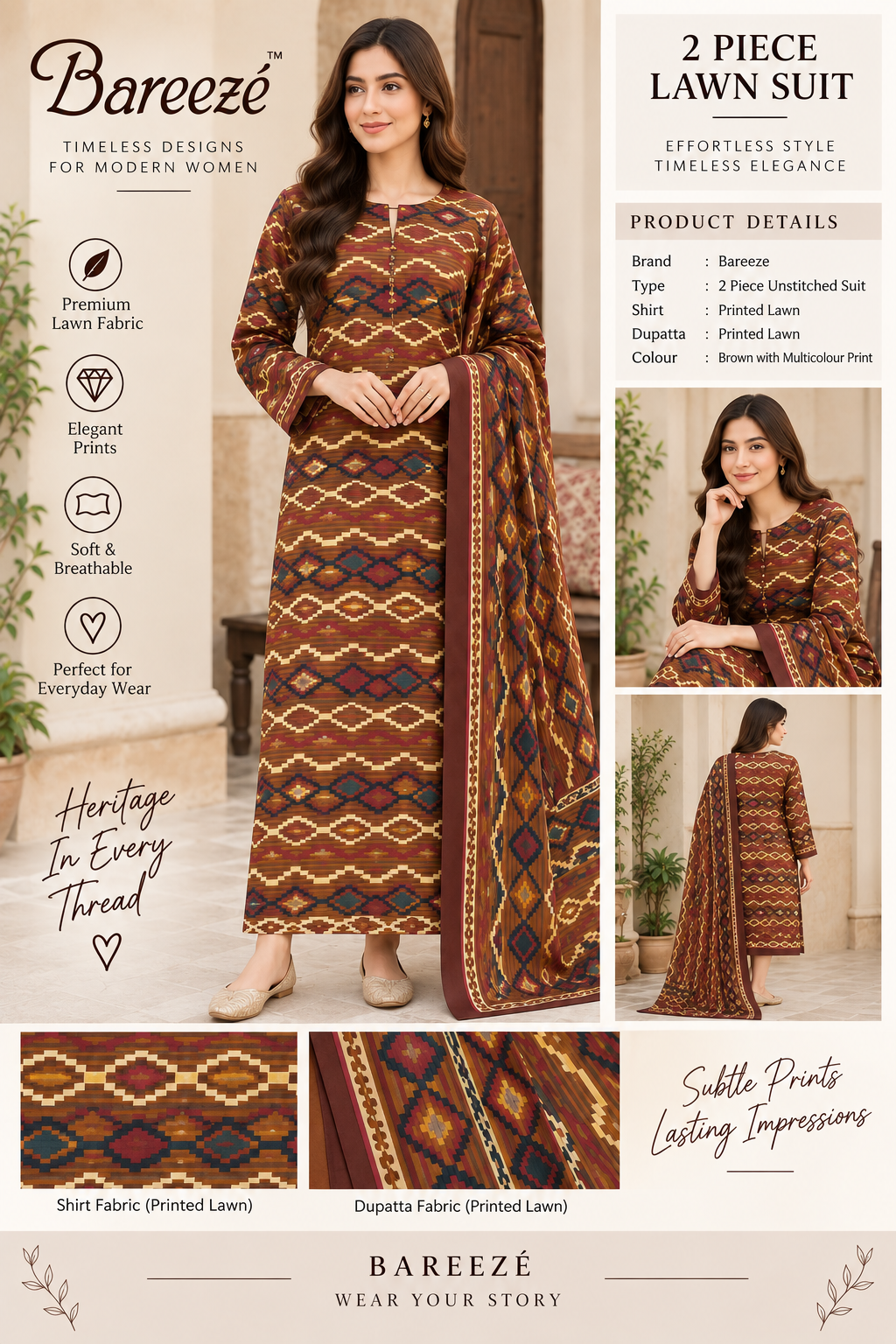 Bareeze 2 Piece Printed Lawn Suit – Brown Multicolour Geometric Print