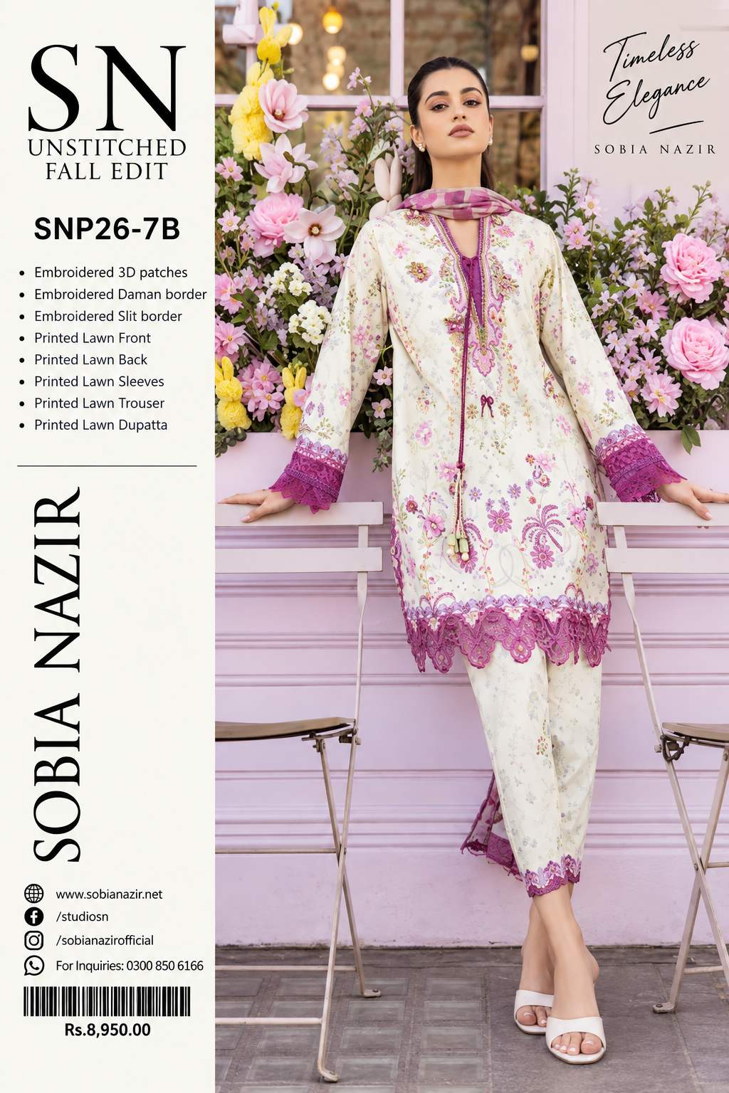 Sobia Nazir SNP26-7B– Unstitched Embroidered 3 Piece Premium Printed Lawn with embroidered patches