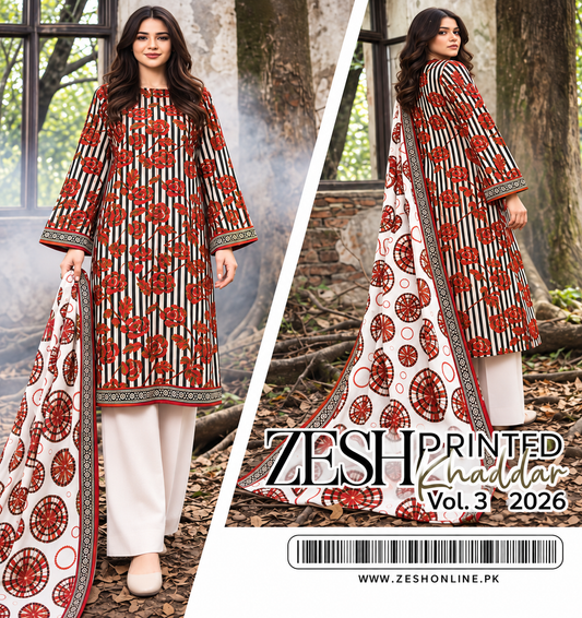 ZESH RUST RED & BLACK FLORAL STRIPED Printed Khaddar 3 Piece Unstitched Suit