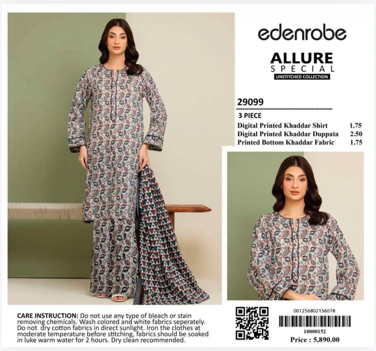 EDENROBE Allure Special 3-Piece Unstitched Suit Digital Printed Khaddar