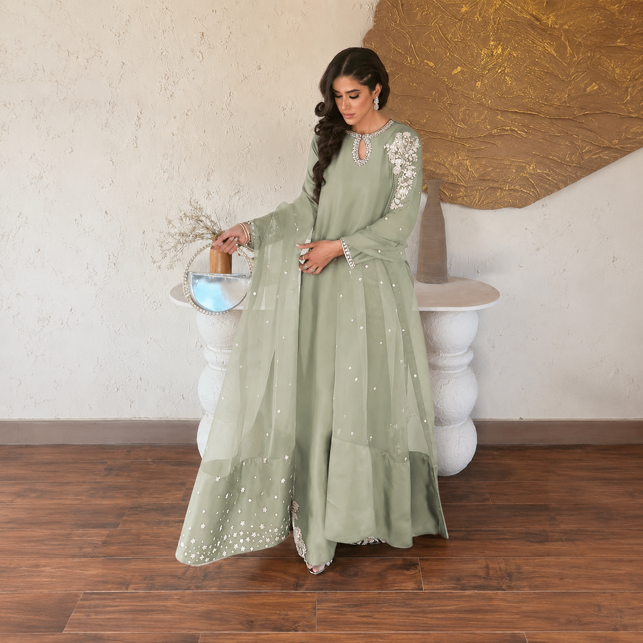 Elegant Sage Green Embroidered Lawn Suit with Chiffon Dupatta