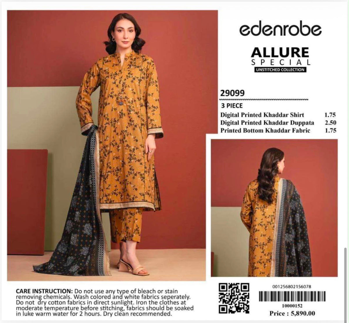 EDENROBE Allure Special 3-Piece Unstitched Suit Digital Printed Khaddar