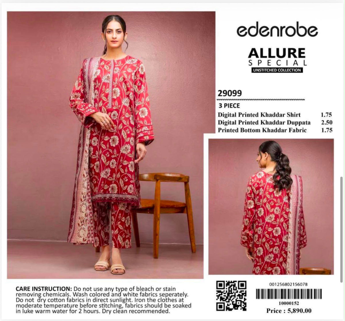 EDENROBE Allure Special 3-Piece Unstitched Suit Digital Printed Khaddar