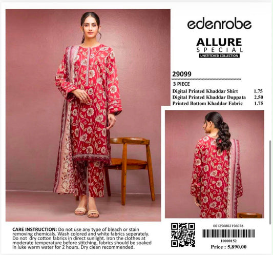 EDENROBE Allure Special 3-Piece Unstitched Suit Digital Printed Khaddar