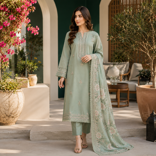 Elegant Mint Green Embroidered 3-Piece Suit with Floral Chiffon Dupatta