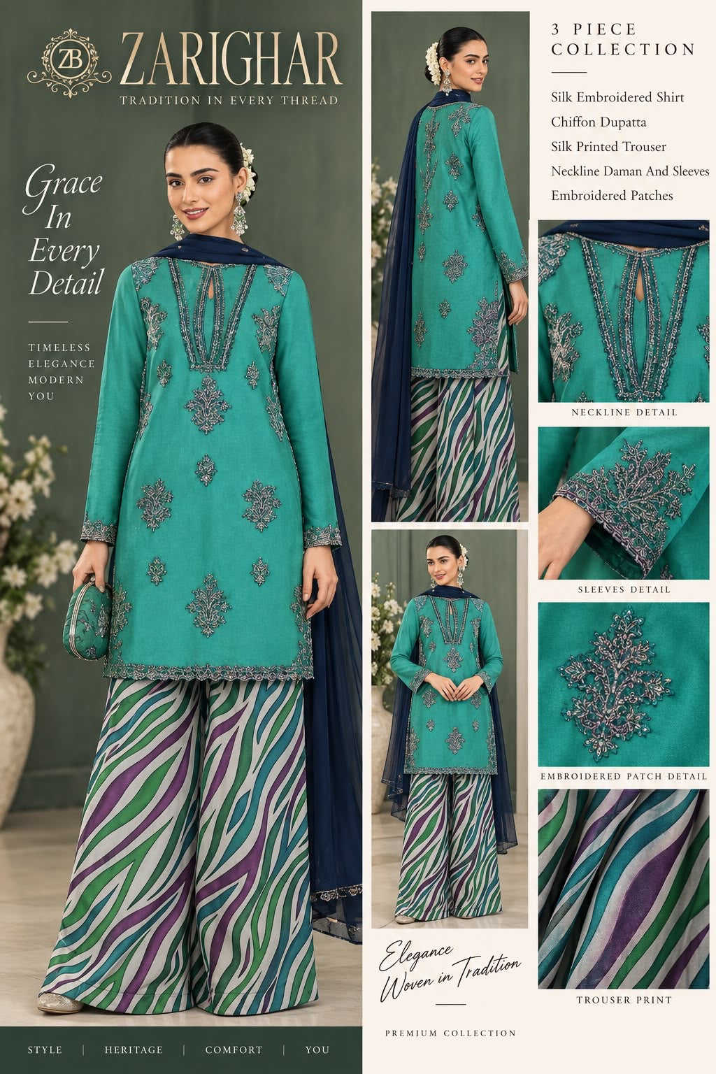 ZARIGHAR. 3 Piece Silk Embroidered Unstitch Suit –NECKLINE DAMAN & SLEVES, EMBROIDERED PATCHES