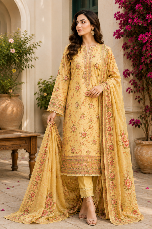 Elegant Yellow Floral Printed 3-Piece Unstitched Suit with Dupatta