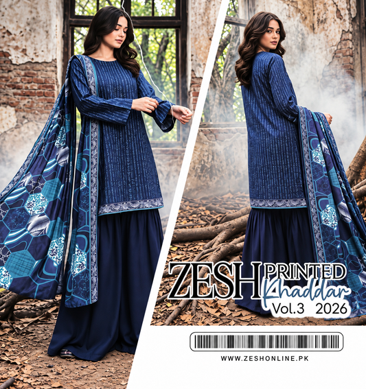ZESH Navy Blue & Teal Printed Khaddar 3 Piece Unstitched Suit