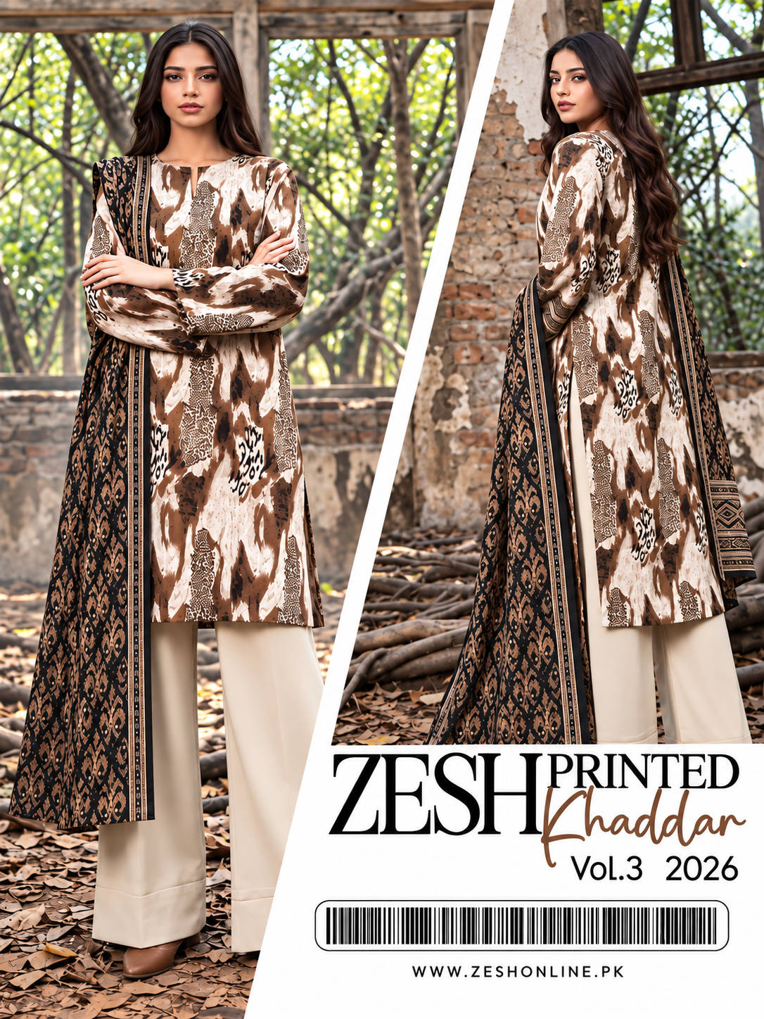 ZESH Beige & Brown Premium Printed Khaddar 3 Piece Unstitched Suit