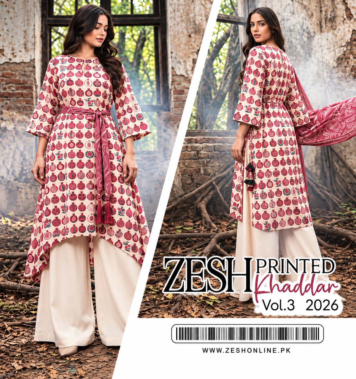 ZESH Ivory & Rose Pink Printed Khaddar 3 Piece Unstitched Suit