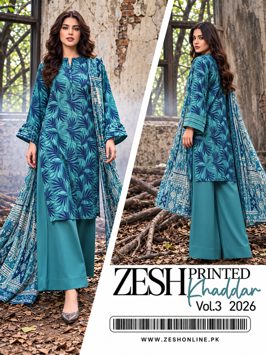 ZESH Teal Green Botanical Premium Printed Khaddar 3 Piece Unstitched Suit