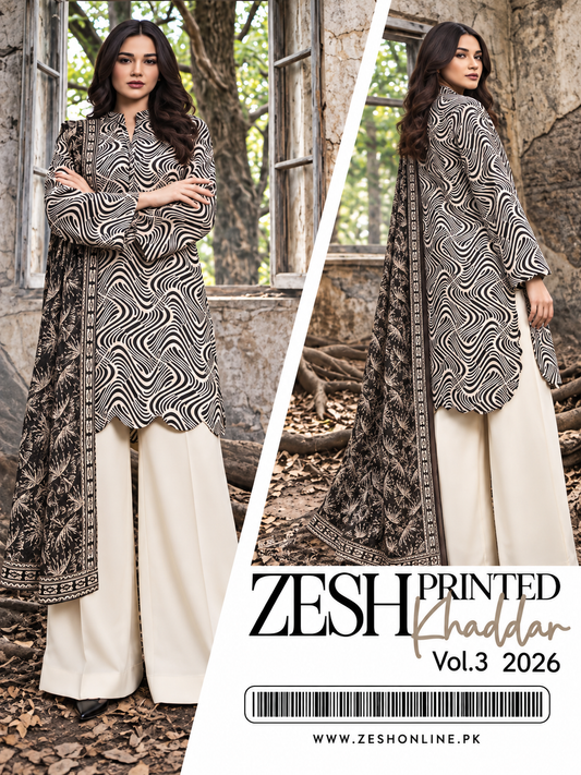 ZESH Black & Ivory Abstract Premium Printed Khaddar 3 Piece Unstitched Suit