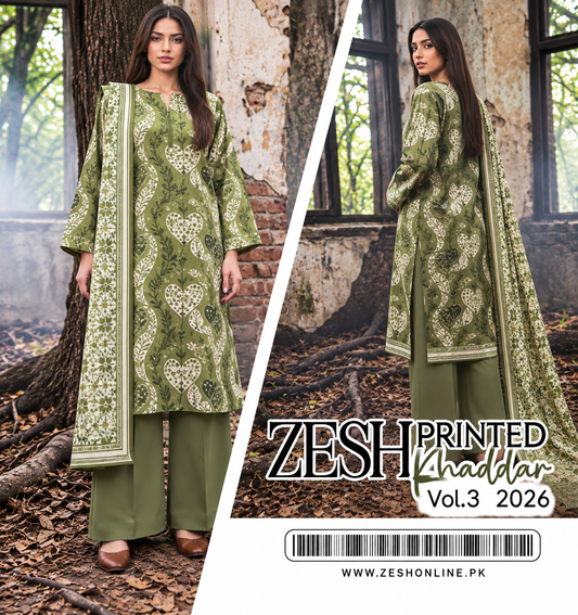 ZESH Olive Green Premium Printed Khaddar 3 Piece Unstitched Suit