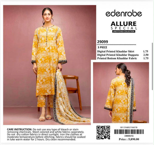 EDENROBE Allure Special 3-Piece Unstitched Suit Digital Printed Khaddar