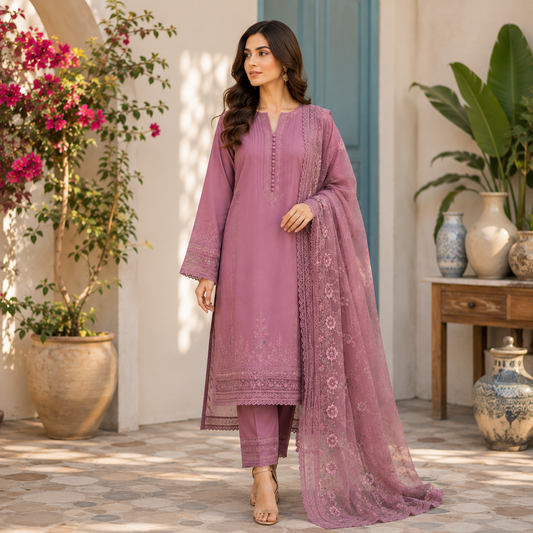 Elegant Dusty Rose Embroidered 3-Piece Suit with Floral Chiffon Dupatta