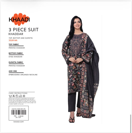 Khaadi  3 Piece Printed Khaddar Unstitched Suit with Embroidered Organza Neckline