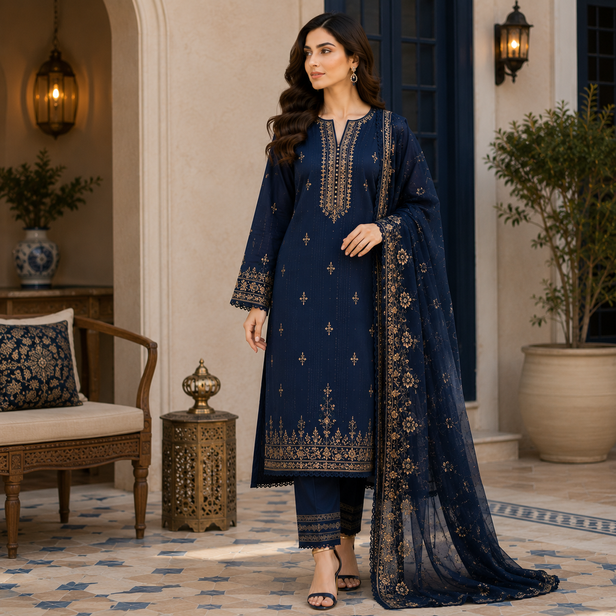 Elegant Navy Blue Embroidered 3-Piece Suit with Net Dupatta
