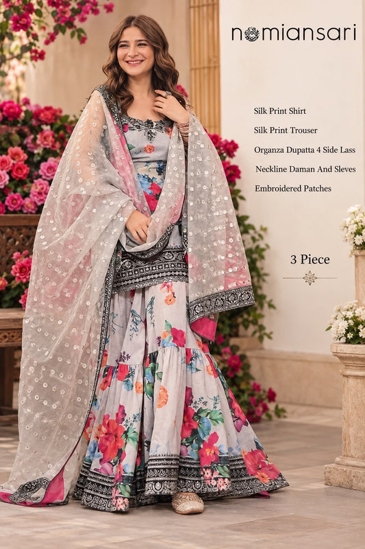 Nomi Ansari 3 Piece Silk Embroidered Unstitch Suit –NECKLINE DAMAN & SLEVES, EMBROIDERED PATCHES