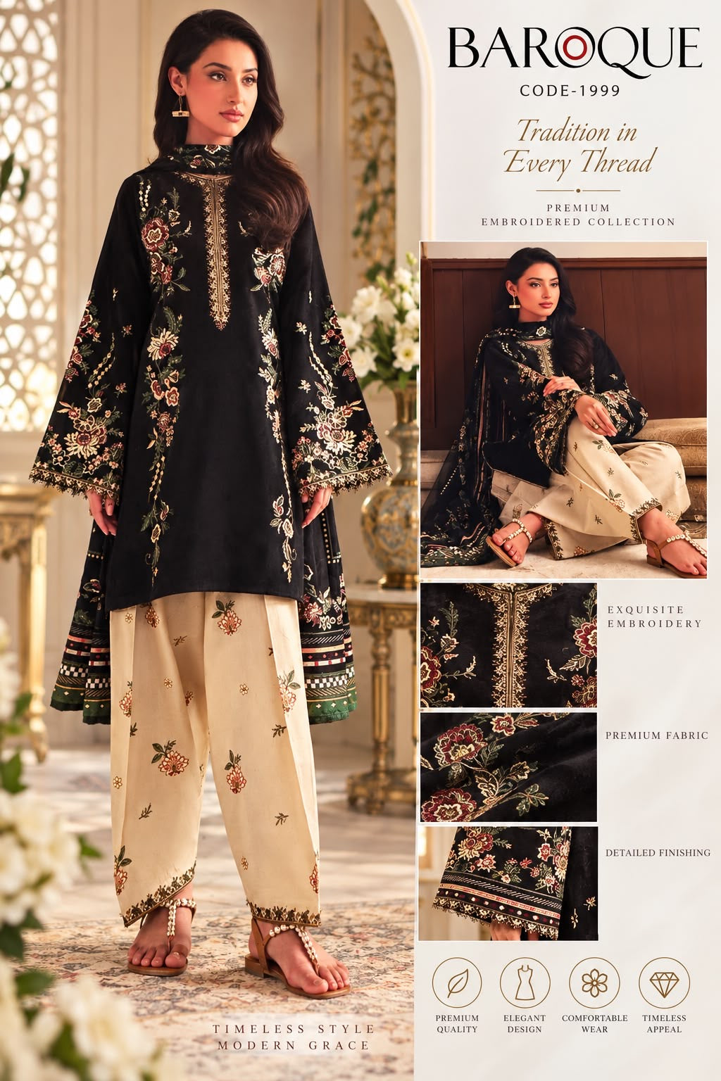 Premium Embroidered Patches 3 Piece Winter Suit with Shawl – New Arrival
