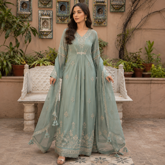 Elegant Sage Green Embroidered Maxi with Organza Dupatta