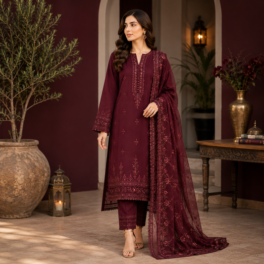 Elegant Maroon Embroidered 3-Piece Suit with Floral Net Dupatta