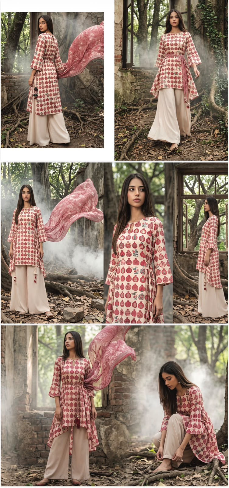 ZESH Ivory & Rose Pink Printed Khaddar 3 Piece Unstitched Suit