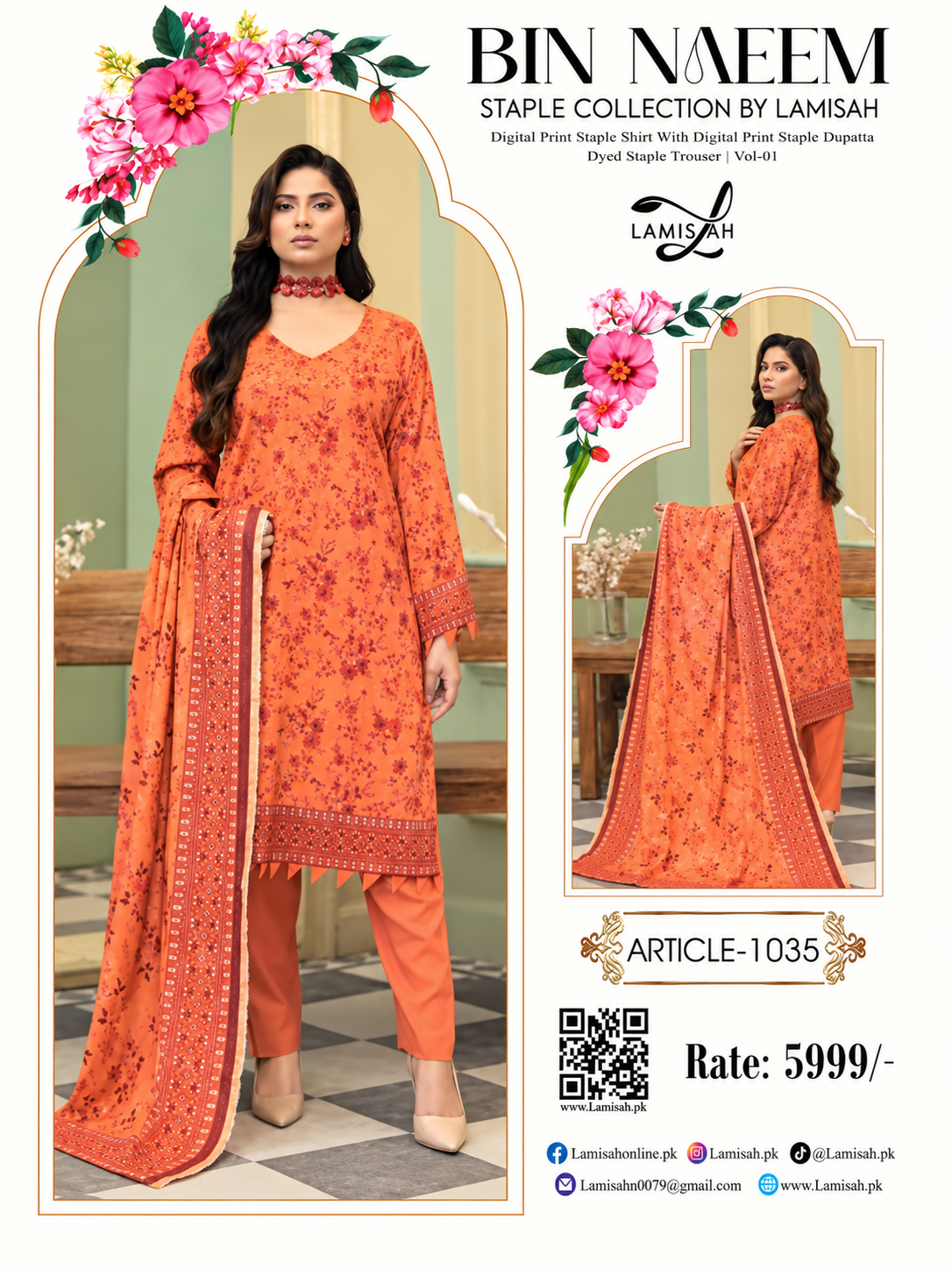 BIN NAEEM BY LAMISAH Premium Linen 3 Piece Digital Printed Unstitched Suit – Article 1035