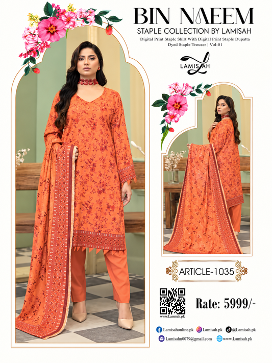BIN NAEEM BY LAMISAH Premium Linen 3 Piece Digital Printed Unstitched Suit – Article 1035