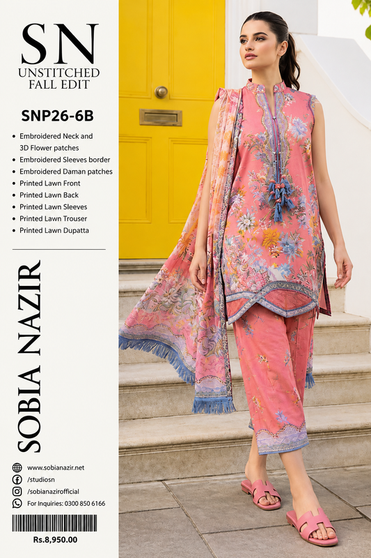 Sobia Nazir SNP26-6B – Unstitched Embroidered 3 Piece Premium Printed Lawn with embroidered patches
