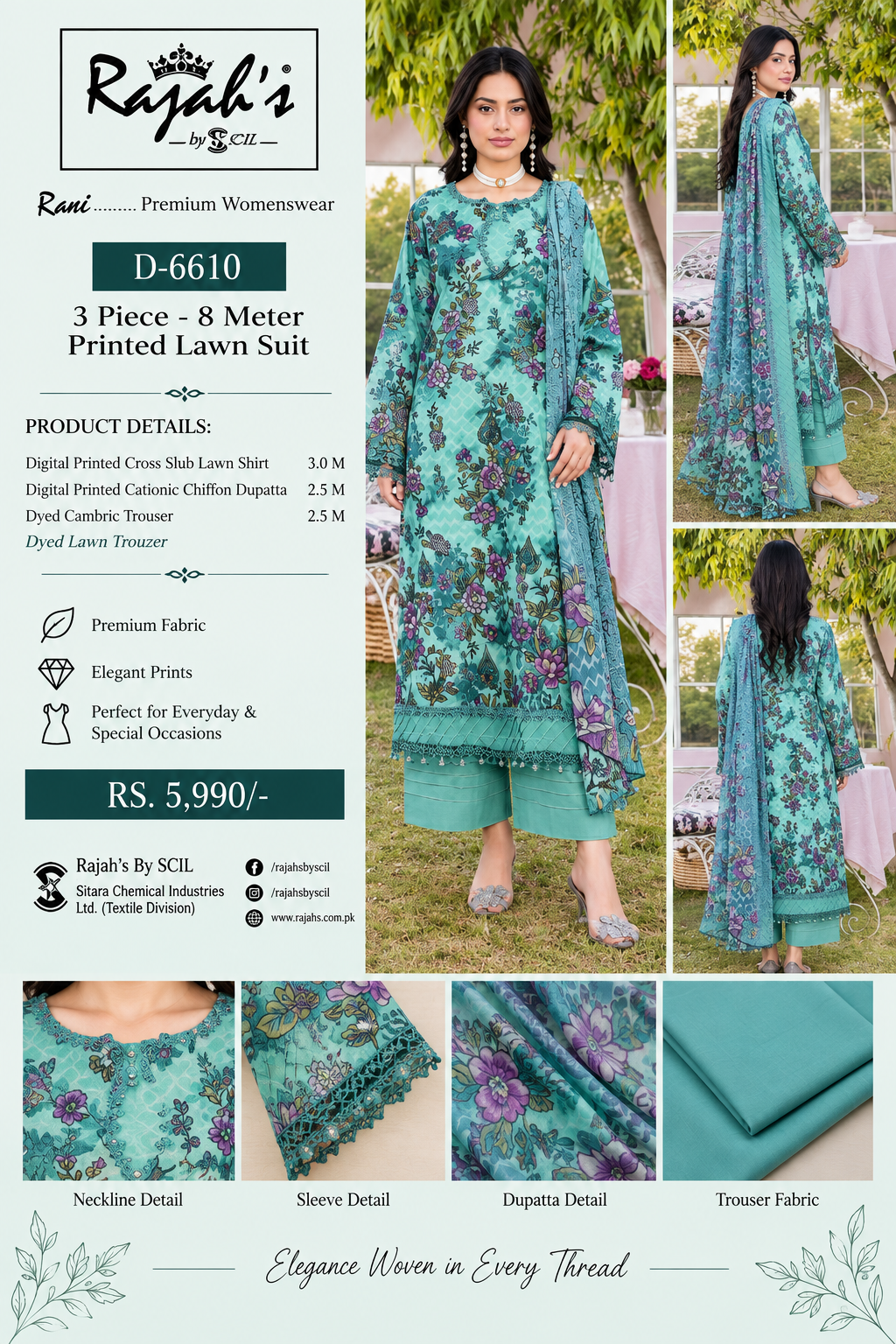 Rajah’s by SCIL Rani D-6610 – Unstitched 3 Piece Printed Lawn Suit