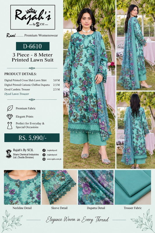 Rajah’s by SCIL Rani D-6610 – Unstitched 3 Piece Printed Lawn Suit