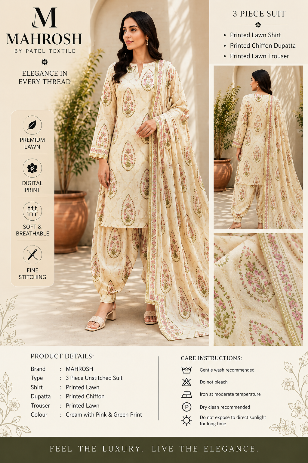 MAHROSH by Patel Textile – Unstitched 3 Piece Printed Lawn Suit