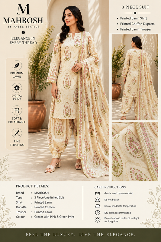 MAHROSH by Patel Textile – Unstitched 3 Piece Printed Lawn Suit