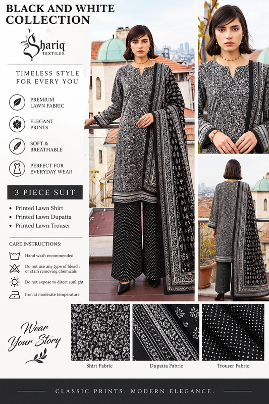 Shariq Textiles Black & White Collection – Unstitched 3 Piece Lawn Suit